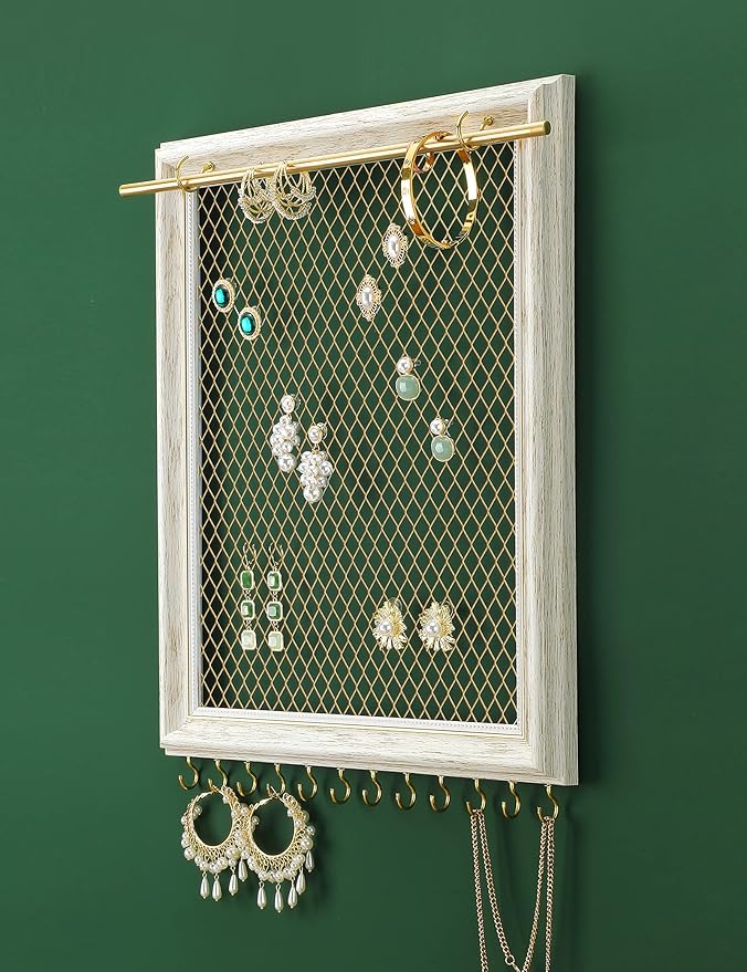 Heesch Hanging Earring Organizer Frame Wall Mounted Jewelry Holder Vintage Rustic Stud Earring Display with Removable Rod and 12 Hooks for Necklaces, Bracelets and Rings (Distressed White)