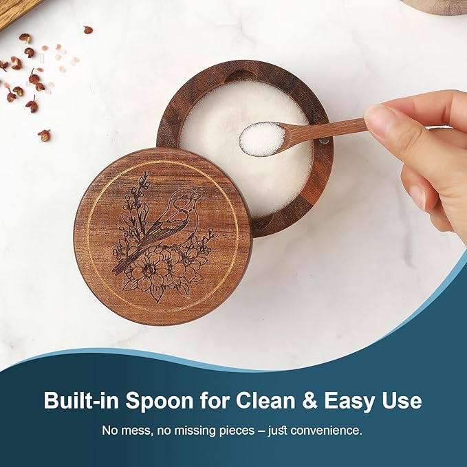 Timtopno Salt Cellar, 2PCS Salt Container Acacia Wood Salt and Pepper Box for Countertop with Built-in Spoon & Swivel Lid, Wood Salt Holder Bowl for Kitchen, Seasoning Storage (Rose & Bird Engraving)