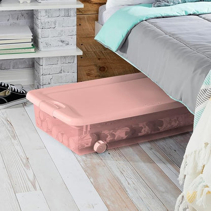 Sterilite 4-Pack 56 Quart Wheeled Latching Box, Underbed Plastic Storage Organizer, Pearl Blush Tint - Under Bed Rolling Container Bin with Lid and Wheels for Home or Dorm Bedrooms and Closets