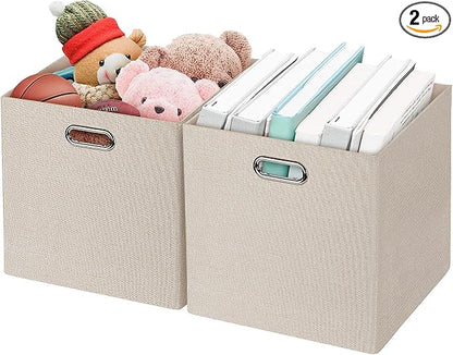Posprica Foldable Storage Bins,13×13 Storage Cubes Basket Containers for Shelf Cabinet Bookcase Boxes,Thick Fabric Drawers - Set of 2, Beige