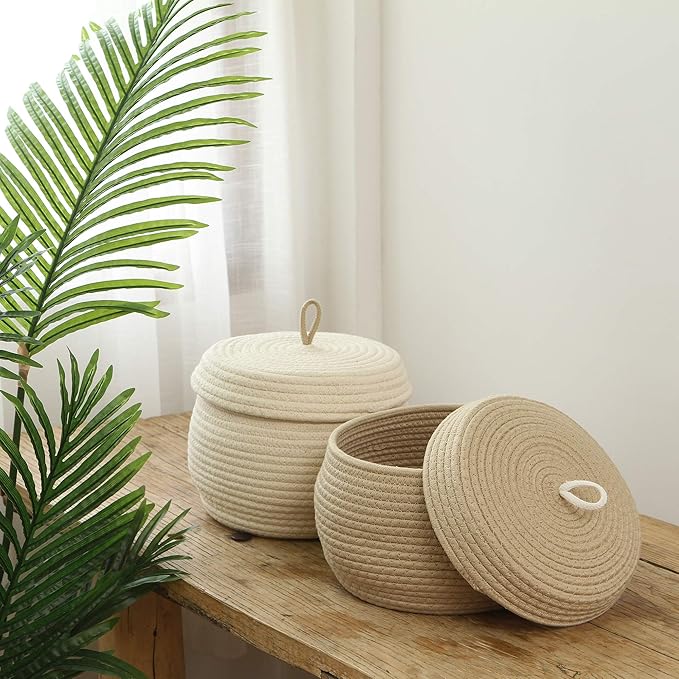 Sea Team Round Cotton Rope Storage Basket with Lid, Decorative Woven Storage Bin, Pot, Caddy, Organizer, Container for Snacks, Towels, Plants (Khaki, Small/2-Pack)