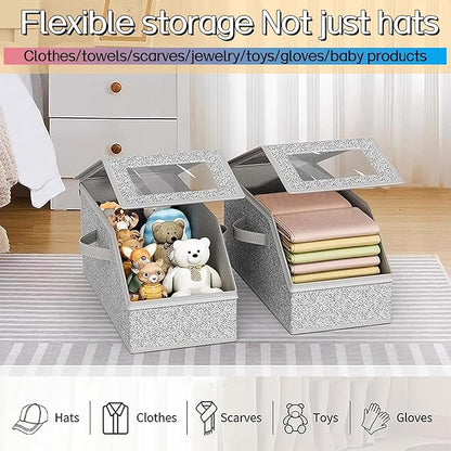 2 Pcs Stackable Hat Storage for Baseball Caps With Breathable Clear Window Lid, Flip-Top Access,Dust-Proof Zipper,Durable Cardboard Base,Space-Saving Cap Box