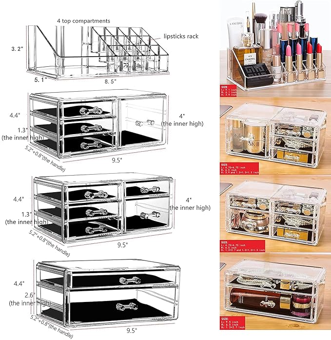 Cq acrylic Makeup Organizer Skin Care Large Clear Cosmetic Display Cases Stackable Storage Box With 11 Drawers For Vanity,Set of 4