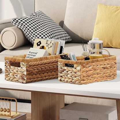 Vagusicc Wicker Storage Basket, Set of 2 Hand-Woven Water Hyacinth Wicker Baskets for Organizing Decor Storage Bins for Counter Shelves Pantry Basket Small Toilet Paper Basket for Toilet Tank Top