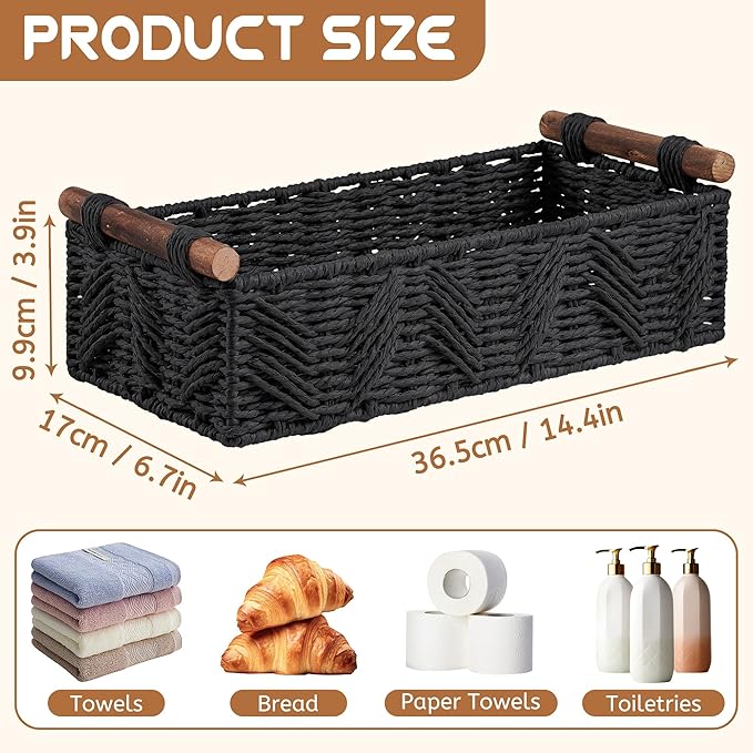 Bathroom Baskets for Organizing with Handle Decorative Basket for Bathroom Countertop Storage Toilet Paper Storage Basket for Toilet Tank Top Small Baskets Set,Black