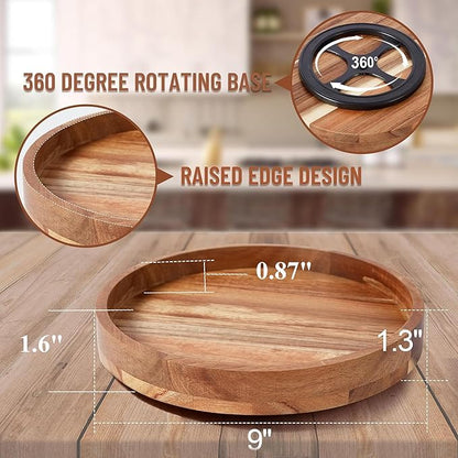 9 Inch Acacia Wood Lazy Susan Organizer for Cabinet, Lazy Susan Turntable for Countertop Table Pantry, Kitchen Turntable Storege Container