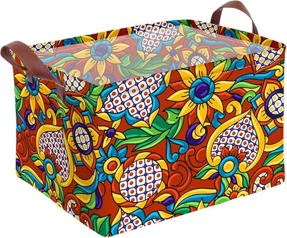 Mexican Talavera Storage Basket Waterproof Canvas Toy Storage Bin Mexican Decor Collapsible Outdoor Basket with Leather Handles Talavera Decor Blanket Baskets For Closets,Bedrooms,Gifts Baskets