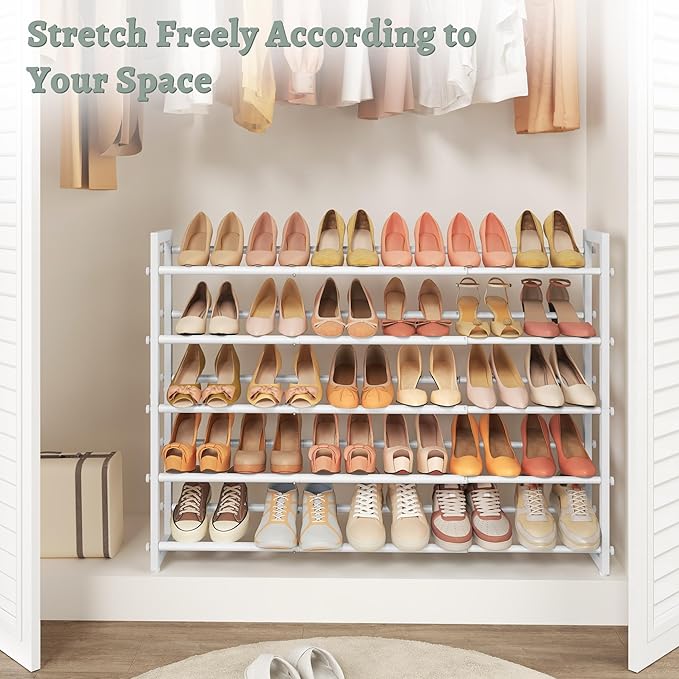FAVOOSTY 5-Tier Expandable Shoe Rack, Adjustable Shoe Shelf Storage Organizer Space Saving Metal Free Standing Shoe Rack for Entryway Closet Doorway, Silver Grey (White, 5 Tier)