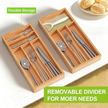 Unibambou Bamboo Utensil Drawer Organizer with Removable Dividers, Kitchen Organizer for Flatware Cutlery, Silverware Tray for Drawer (5/4 Flexible Slots, Natural)
