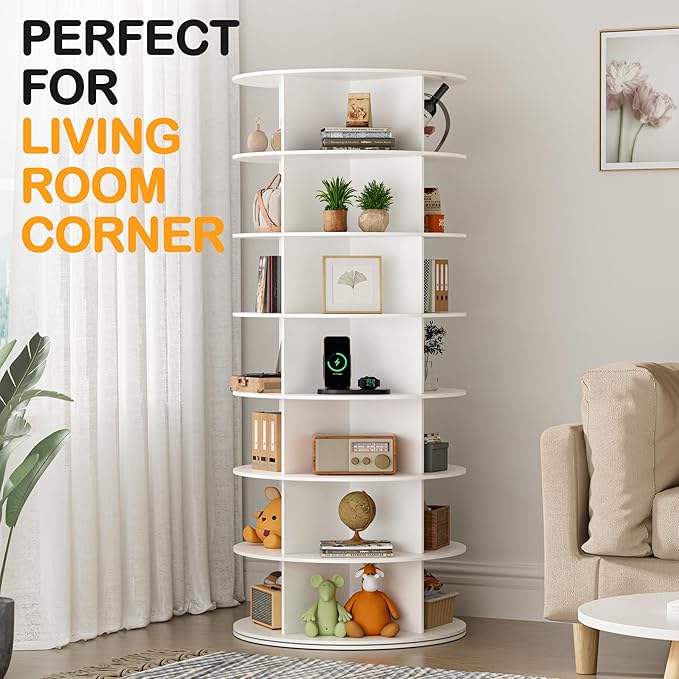 MAGIC UNION Rotating Shoe Rack Tower 7 Tier Organizer, Vertical Spinning Shoe Display Lazy Susan, Revolving 360 White Shoe Rack Storage Round Carousel, Rotate Shoes Closet Organization