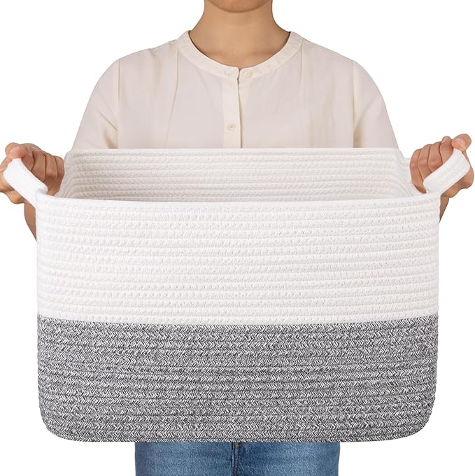 OIAHOMY Woven Storage Basket for Shelves, Rectangle Cotton Rope Baskets for Organizing, 16 x 12 x 10 in, Storage Bins for Dog Toys,Towel,Books,Gift,Grey and White