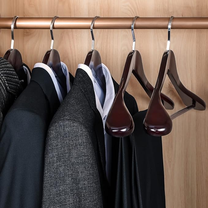 TOPIA HANGER Set of 6 Luxury Mahogany Wooden Coat Hangers, Premium Wood Suit Hangers, Glossy Finish with Extra-Wide Shoulder, Thicker Chrome Hooks & Anti-Slip Bar CT02M