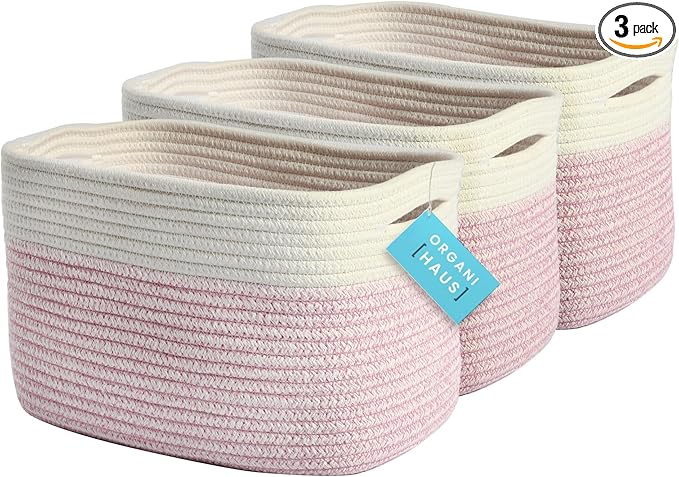 Pink Cotton Rope Baskets for Shelves, Set of 3-15"×10"×9½" - Colorful Storage Baskets for Kids - Nursery, Playroom, Classroom - Toy Storage, Books, Towels