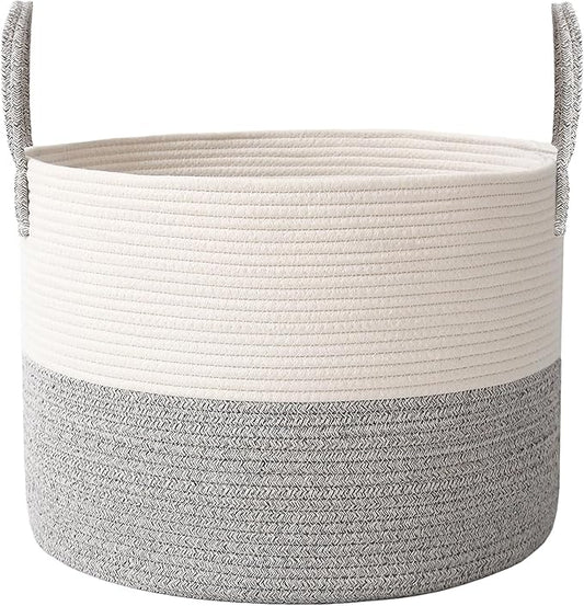 JMvicyroam 65L Extra Large Blanket Basket for Living Room - Woven Cotton Rope Laundry Hamper with Reinforced Handles - Storage Bin for Pillows, Comforters & Toys - Machine Washable,White&Grey