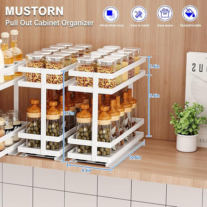 Mustorn 2 Pack Pull Out Spice Rack Organizer for Cabinet, 2 Tier Metal Slide Out Seasoning Organizer and Storage Heavy Duty Vertical Spice Rack Shelf Pullout for Kitchen Cabinets No Drilling (White)