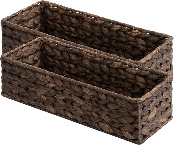 StorageWorks Brown Water Hyacinth Bathroom Basket Organizer and Storage for Tank Topper, Wicker Toilet Paper Basket for Back of Toilet Baskets, Small Narrow Tank Trays for Bathroom Decor, 2 Pack