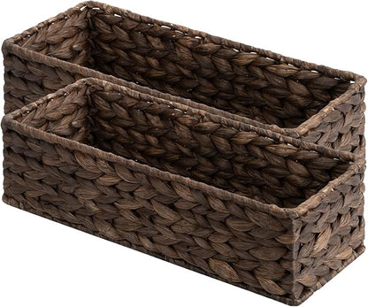 StorageWorks Brown Water Hyacinth Bathroom Basket Organizer and Storage for Tank Topper, Wicker Toilet Paper Basket for Back of Toilet Baskets, Small Narrow Tank Trays for Bathroom Decor, 2 Pack