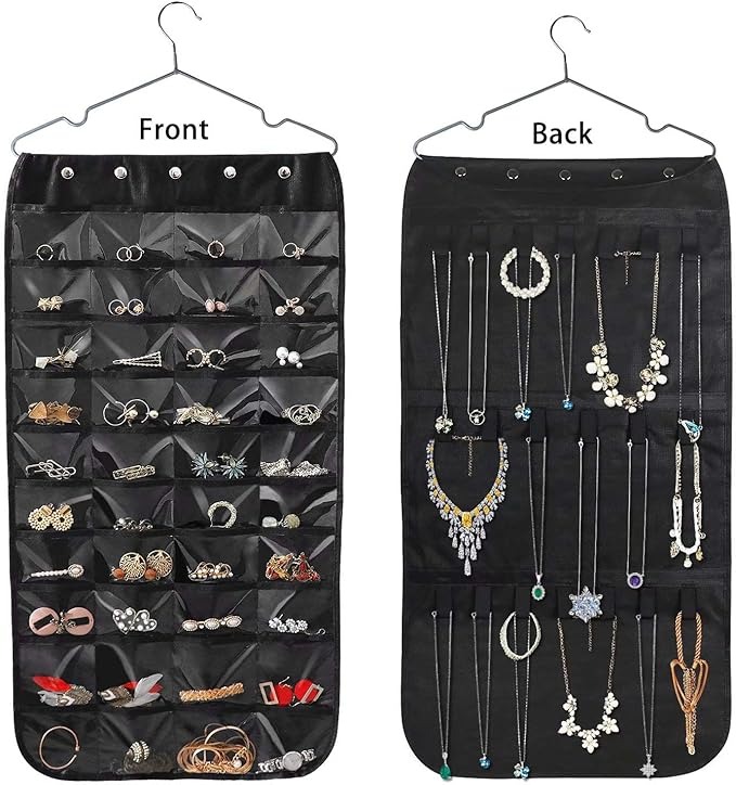 Hanging Jewelry Organizer, Double-Sided 80 Pockets (40 Front + 40 Back), Closet & Hook Jewelry Storage, for Earrings, Necklaces, Bracelets, Rings & Pendants, Black