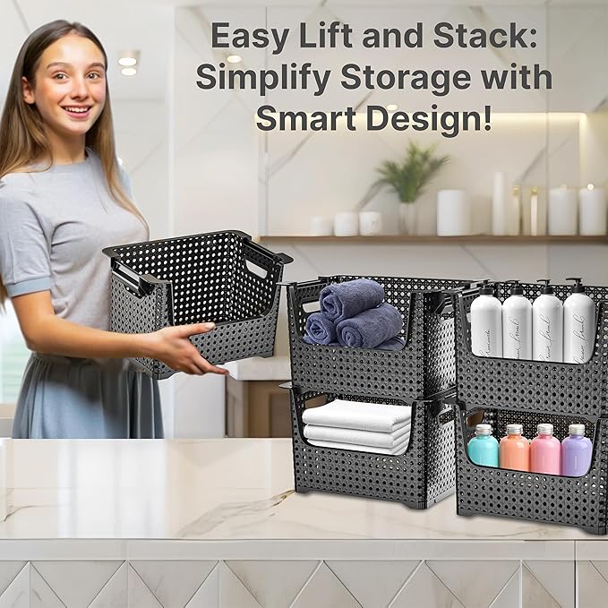 TidyFriend 4 Pk Large Stackable Storage Bins Open Front for Pantry Organizers and Storage, Pantry Storage for Food, Kitchen and Home Organization, Plastic Storage Bins, Dorm Room Essentials (Black)
