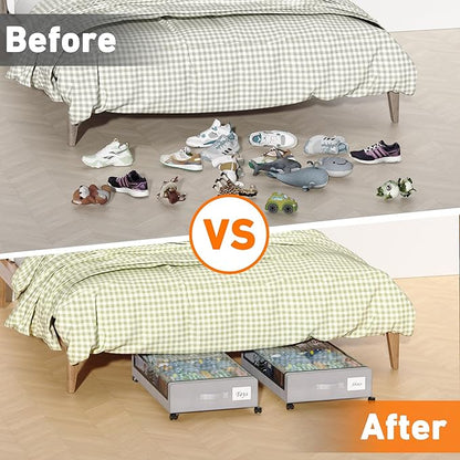 Under Bed Storage with Wheels, 2 Pack Under Bed Storage Containers with Clear Lids, XXL 65L Under Bed Storage Organizer, Rolling Under Bed Metal Drawer for Blanket, Clothes, Shoes (31 x 17 x 6.69 in)