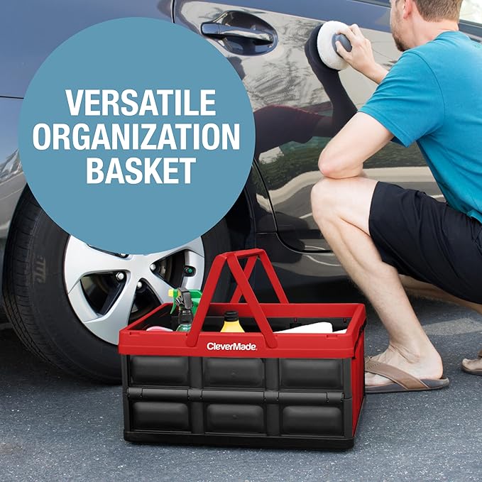 CleverMade Collapsible Shopping Basket 32L – Folding Grocery Basket with Handles, Stackable Reusable Storage Crate with 35 lb Capacity, Recycled Plastic, Car Trunk Organizer - Red
