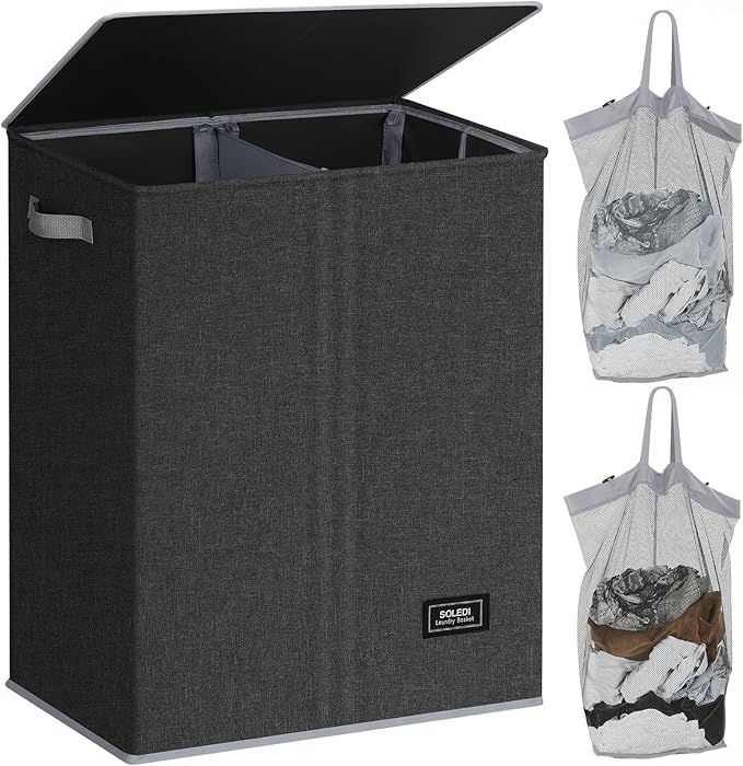 SOLEDI Double Laundry Hamper with Lid, 130L Clothes Hamper 2 Section, Laundry Basket with Removable bag, Bed room decor aesthetic, laundry room organization, Home and dorm room essentials