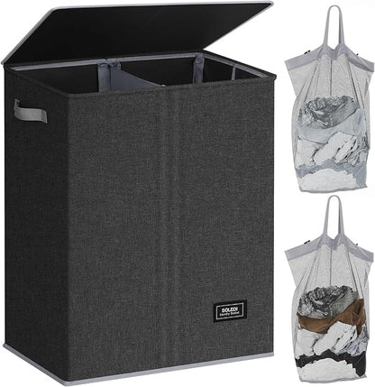 SOLEDI Double Laundry Hamper with Lid, 130L Clothes Hamper 2 Section, Laundry Basket with Removable bag, Bed room decor aesthetic, laundry room organization, Home and dorm room essentials