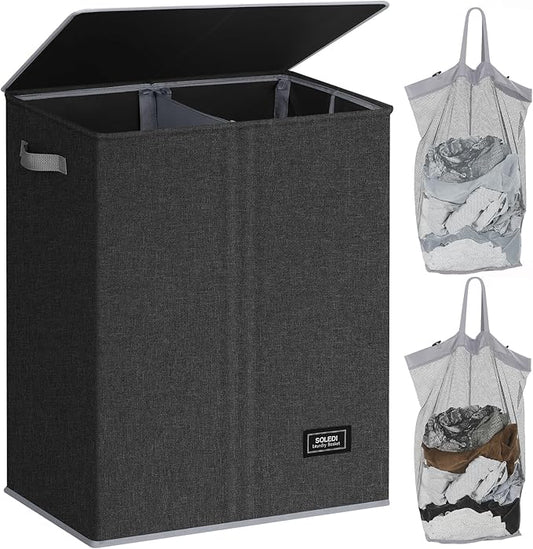 SOLEDI Double Laundry Hamper with Lid, 130L Clothes Hamper 2 Section, Laundry Basket with Removable bag, Bed room decor aesthetic, laundry room organization, Home and dorm room essentials