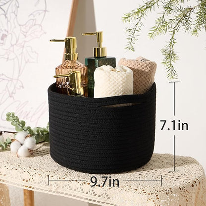 MiniArk Small Basket for Organizing | Cube Shelf Closet Storage Baskets | 9.7×9.7×7.1” | Woven Rope Gift Basket | Nursery | Round 3 Packs Black