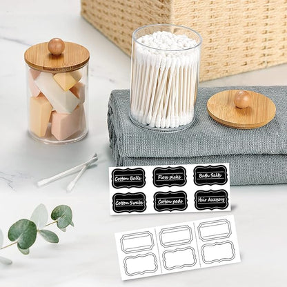 Amolliar 2 Pack Qtip Dispenser with Bamboo Lids - 12 Oz Clear Plastic Apothecary Jar for Vanity Makeup Organizer Storage - Bathroom Decor for Q-Tips Cotton Swabs, Cotton Balls, Pads, Floss