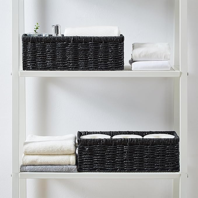 Vagusicc Wicker Storage Basket, Paper Rope Wicker Baskets with Handles, Toilet Paper Basket for Toilet Tank Top, Small Wicke Baskets for Organizing Shelves, 2-Pack, Black