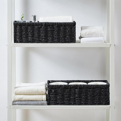 Vagusicc Wicker Storage Basket, Paper Rope Wicker Baskets with Handles, Toilet Paper Basket for Toilet Tank Top, Small Wicke Baskets for Organizing Shelves, 2-Pack, Black