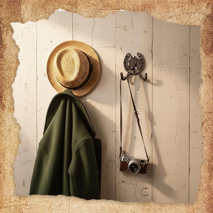 3 Pack Cast Iron Coat Hooks, Rustic Double Wall Hooks, Horse Head Horseshoe Hook, Wall Mounted Farmhouse Coat Hangers, Barn Storage Decor Gift with Screws for Towels, Hats, Keys, Bags, Caps