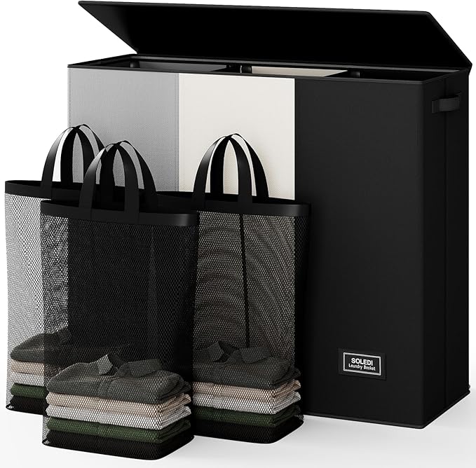 SOLEDI Laundry Hamper 3 section with lid and 3 Pcs Bag, Large Hamper 3 compartment 180L, Laundry Basket Laundry sorter Clothes hamper for Laundryroom Bedroom Blanket Storage Organizer