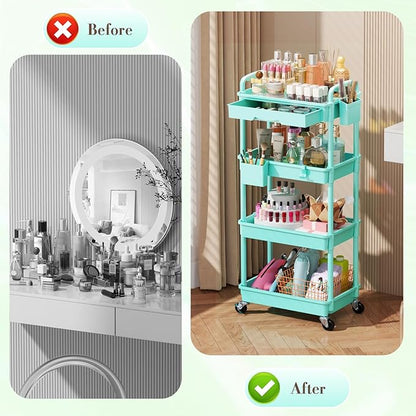 SUNALLY Makeup Cart Organizer with Drawers, 4 Tier Floor Skincare Organizers for Vanity, Rolling Makeup Bathroom Storage Cart Cosmetics Display Cases for Skin Care Perfume Nail Polish, Blue