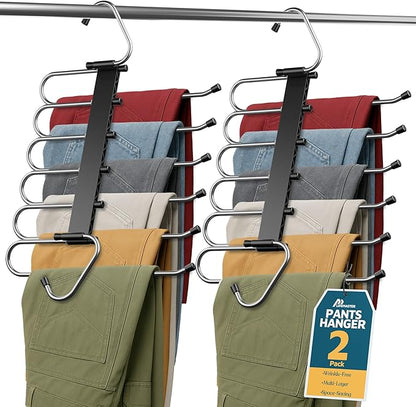 Black Space Saving Pants Hangers 2 Pack, 6 Layer Jeans Hangers & Closet Organizer for Jeans, Scarves, Skirts, Multi-Layer Hanger with Anti-Slip Coating & Stopper, Heavy-Duty S-Type Stainless Steel