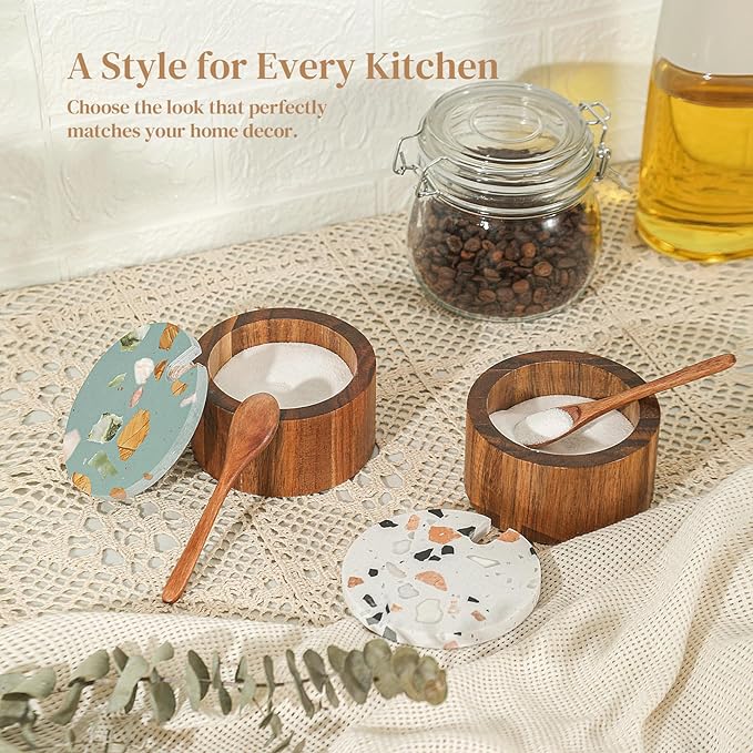Wooden Salt Cellar with Marble Lid,Salt Container Box Bowl for Countertop,Elegant Salt Holder Jar Dish with Spoon,Kitchen Seasoning Containers for Salt Pepper Sugar Spice Storage,6OZ