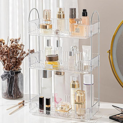 Bathroom Organizer Countertop, Vanity Trays, Skincare Makeup Organizer Shelf, Counter Shelf for Cosmetics, Toiletries, Lotions, Perfumes (3 Tiers, Clear)
