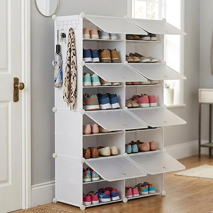 HealSmart Shoe Rack Organizer with Door, Shoe Storage Cabinet, Stackable Plastic Shelves for Closet, Entryway, Hallway, Bedroom, 8-Tier 32-Pair, White