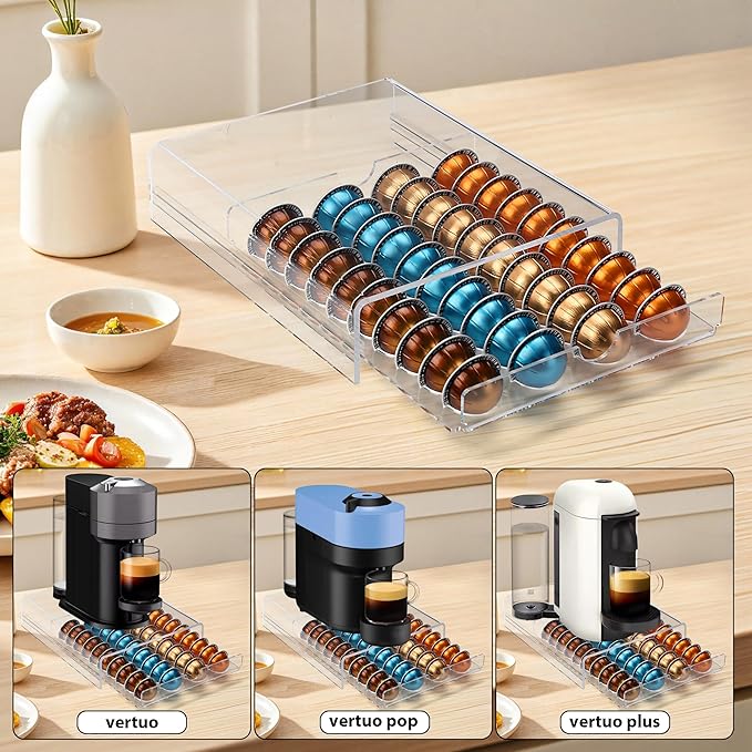 Clear Coffee Pod Organizer for Nespresso Vertuo, Double Sided Pull Out Holder Stores 40 Capsules, Acrylic Coffee Station Storage for Kitchen Countertop