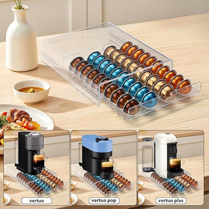 Clear Coffee Pod Organizer for Nespresso Vertuo, Double Sided Pull Out Holder Stores 40 Capsules, Acrylic Coffee Station Storage for Kitchen Countertop