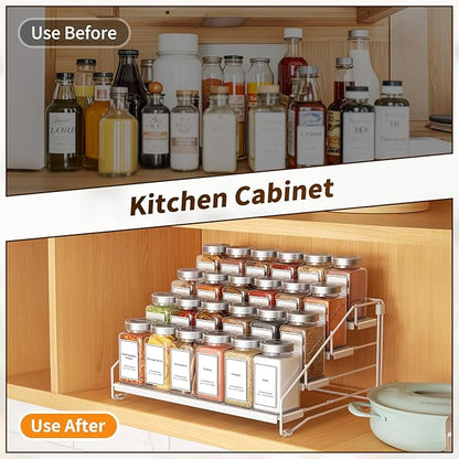 BOIVSHI Tiered Spice Rack, 4 Tier Spice Shelf Organizer for Cabinet, Spice Rack Organizer, Depth Adjustable Seasoning Rack Organizer for Cabinet, Countertop, Pantry, Metal, White (1 Pack)