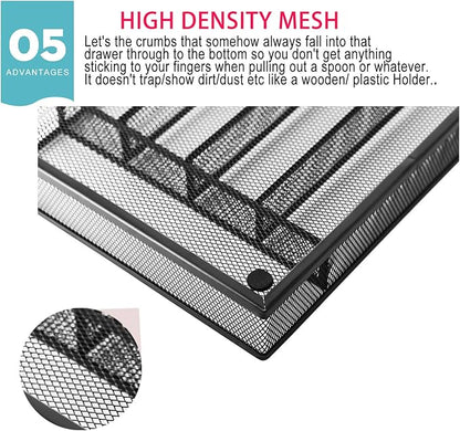 JANE EYRE Utensil Drawer Organizer, Cutlery Tray Silverware Flatware Storage Divider for Kitchen, Mesh Wire with Non-slip Foam Feet, 5 Component, Black