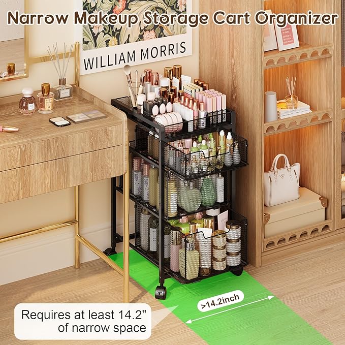 JKsmart Rolling Makeup Cart Organizer with 3 Drawers, Cosmetics Display with Dividers, Floor Skincare Storage with Wheels, Versatile Vanity Organizer for Nail Polish Perfume Brush Hair Tool, Black