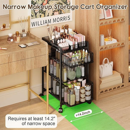 JKsmart Rolling Makeup Cart Organizer with 3 Drawers, Cosmetics Display with Dividers, Floor Skincare Storage with Wheels, Versatile Vanity Organizer for Nail Polish Perfume Brush Hair Tool, Black