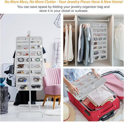 Freegrace Hanging Jewelry Organizer with Secure Zipper Closure - 360° Revolving Hanger, 25 Clear Pockets, 23 Necklace Hooks - Foldable Travel Storage & Closet Display (Gray)