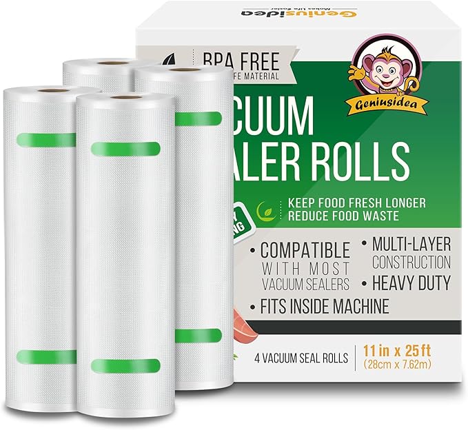 Food Saver Vacuum Sealer Bags, 4 Pack 11" x 25'ft Rolls, Commercial Grade, Meal Prep, Microwave & Freezer Safe, Sous Vide