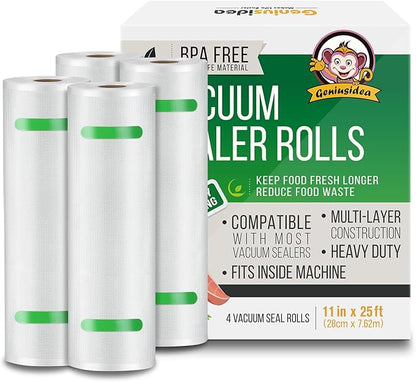 Food Saver Vacuum Sealer Bags, 4 Pack 11" x 25'ft Rolls, Commercial Grade, Meal Prep, Microwave & Freezer Safe, Sous Vide