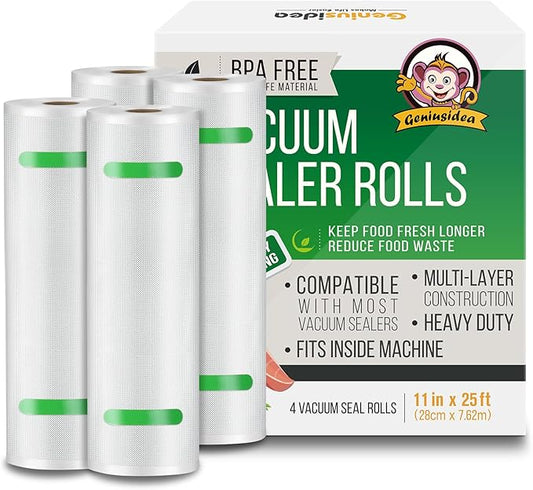 Food Saver Vacuum Sealer Bags, 4 Pack 11" x 25'ft Rolls, Commercial Grade, Meal Prep, Microwave & Freezer Safe, Sous Vide