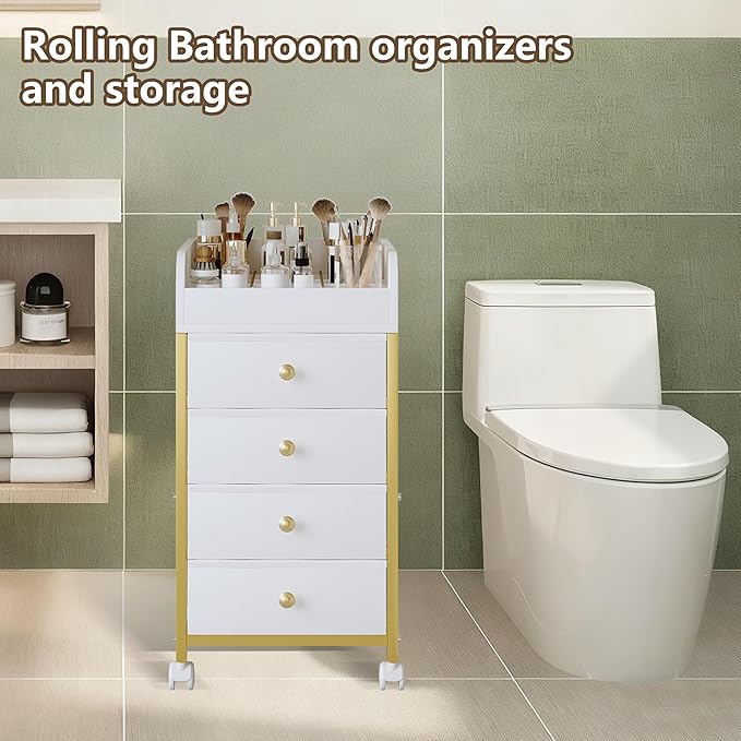 Rolling Makeup Organizer Cart - Under Desk Vanity Makeup Storage with 4 Fabric Drawers, Bathroom Storage Cart Cosmetic Display Cases for Nail Polish Brush Hair Tool